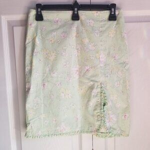 Ralph Lauren Women's Skirt 4 Green Floral Print Ruffle Slit Vintage Flowers Y2K